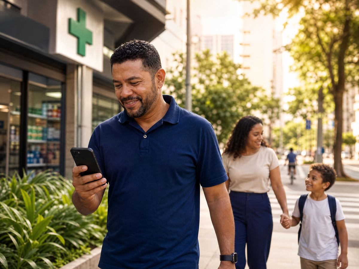 Homem sorrindo com o celular na mão em frente a uma farmácia, com a família ao fundo