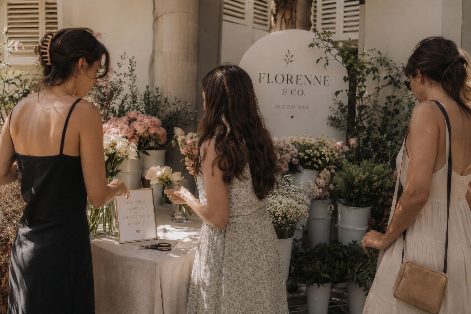 Three guests picking stems at an outdoor Florenne & Co. flower bar beside a 'pick your flowers, create your bouquet' sign